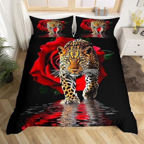 Homewish Leopard Bettwäsche 135X200 Kinder, Wildtier-Motiv Bettbezug Set für Mädchen Jungen, Wasserwellen Rosen-Hintergrundmuster Weich Atmungsaktive Bett Set Mit 1 Kissenbezug