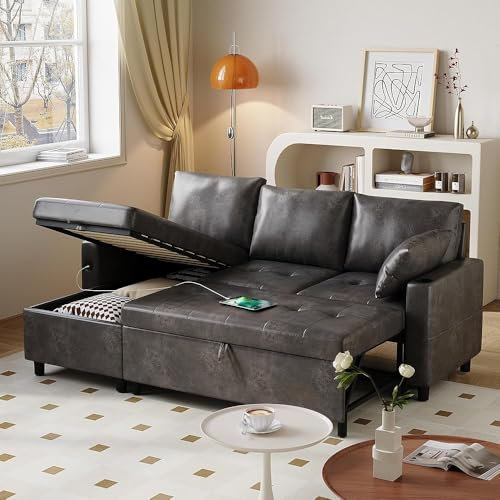 YODOLLA 3-Seater Corner Sofa Bed, L-Shaped with Pull-Out Sleeper, Convertible Foldable Couch with Storage, USB Charging & Cup Holders, Modern Design for Apartment Living Room - Black