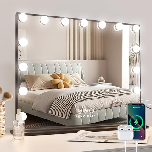 FENCHILIN Hollywood Spiegel mit 15 LED Beleuchtung USB-C Ausgang 58x46 cm