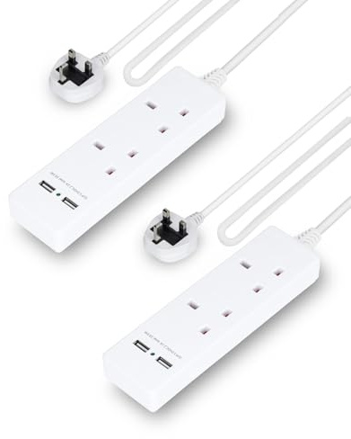 GEEPAS 2 Gang Extension Lead, 2M Cable | 2-Way Plug Extension Cable | Wall Mountable & Multi Socket Power Mains Strip with 2 USB Ports for Home Office | Heavy Duty UK Plug | White, Pack of 2