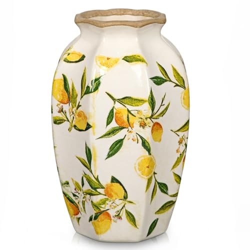Vaso in ceramica vintage da 23,5 cm, con motivo limone, vaso da tavolo in ceramica per soggiorno, casa, ufficio, vaso per erba della pampa, decorazione rustica antica, vaso decorativo in stile rustico
