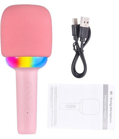 NUMNBE Karaoke Microphone Portable Handheld Mic with Built - in Speaker, LED Color Lights, Wireless Bluetooth Rechargeable, Pink and Blue - Noise Reduction, Anti Spray Cotton Cover, Ide (Pink)