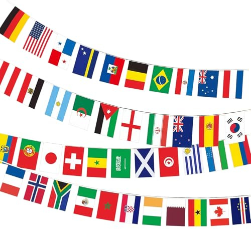 Zueyen Flaggenkette 42 Länder WM 2026, 13m Wimpelkette Fußball Deko Girlande, Internationale Fahnenkette für Sport Events und Bar, 14x21 cm Länderflaggen