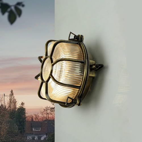 Licht-Erlebnisse Wandleuchte Außen Echt-Messing Glas Antik IP64 Terrasse Garten Ø22 cm E27 Bullauge Maritim Schiffsleuchte Rustikale Außenlampe Balkon