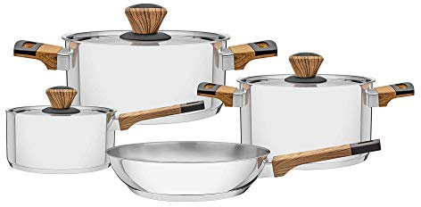TRAMONTINA - Batería de Cocina Brava Baquelite, de Acero Inoxidable y Terminación Brillante, Juego de Cocina, con Cuerpo Triple y Tapas, Asas, Mangas y Pomos con Efecto Madera, 4 Piezas