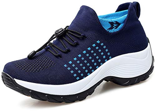 Solshine Damen Mesh Fitnessschuhe Plateau Turnschuhe Laufschuhe 694 Dunkelblau 35EU