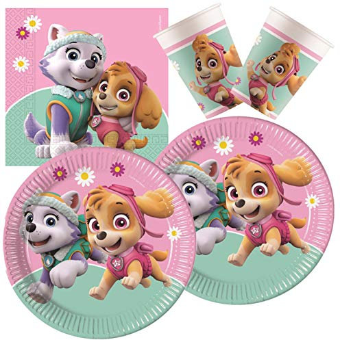 Procos 10133066 - Partyset S Paw Patrol, Skye and Everest, 52-teiliges Set, 16 Teller, 16 Becher und 20 Servietten, Einweggeschirr, Dekoration