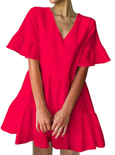 FANCYINN Robe Courte Femme Ourlet à Volants Lin Casual Robe Patineus Rouge XL