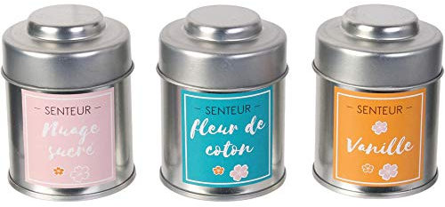 Home Deco Factory BO5372 Bougies Parfumées Sweet Coffret Livre de 3 Assorties Nuage Sucré Fleur de Coton Vanille Pots Métal Gris Rose Bleu Orange H23 x 8,5 x 17,6 cm