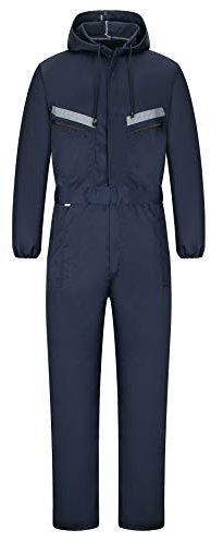 Yukirtiq Men's Workwear Hooded Boilersuit Coverall with Multi Pockets, Heavy Duty Polycotton Overall Trousers Mechanics Boiler Suit with Reflective Tape, Navy Blue, M