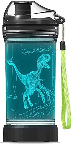 Bouteille d'eau dinosaure lumineuse à 7 couleurs changeantes - 14 oz Tritan sans BPA - Cool Velociraptor Drinking Cups Cadeaux de Noël pour garçons et enfants