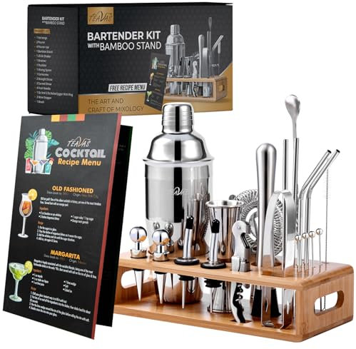 TEAVAS Mixology - Kit de Barman con medidor japonés y Soporte de bambú – Juego de 25 Piezas de Acero Inoxidable para Hacer cócteles, coctelera, colador, Mezclador, Cuchara, mortero, Herramientas de