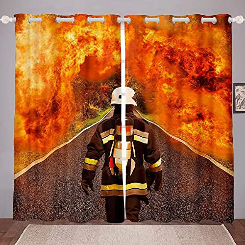 Feuerwehrmann Fenstervorhang 175x140cm für Schlafzimmer Wohnzimmer Feuerwehrmann Gedruckt Vorstehend Rot Schwarz Druck Blickdichte Vorhänge Dekord Feuerwehr Held Blickdicht Vorhang