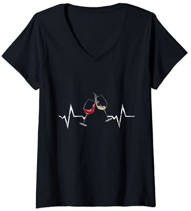 Damen EKG Wein Lover Puls Design Weingläser Herz Linie T-Shirt mit V-Ausschnitt