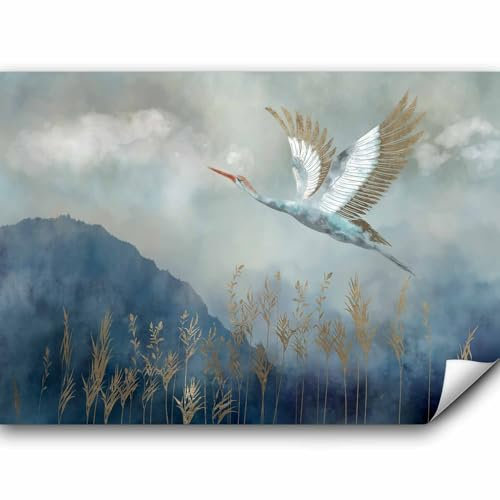 murando - Vlies Fototapete Landschaft 400x280cm - Foto Tapete Wohnzimmer Vliestapete XXL Motivtapeten Bildtapete 3d Effekt Wand Dekoration - Berge Pflanzen Storch blau wie gemalt g-A-0364-a-a