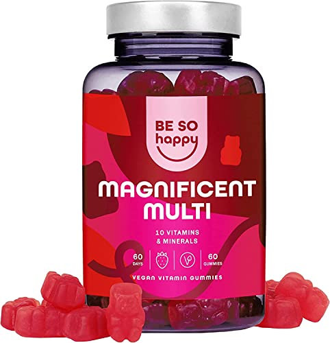 Gummies Multivitaminés | 60 Jours | Pour votre Système Immunitaire, la Fatigue et L’épuisement | Avec des Vitamines A, B6, B12, C, D et E | Vegan, sans gluten et sans lactose | BeSoHappy