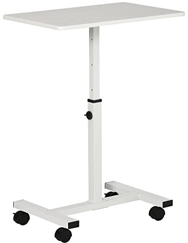 HOMCOM Mesa Auxiliar con Ruedas Mesita Lateral para Sofá Cama con Altura Ajustable Marco de Metal y Frenos para Dormitorio Salón 60x40x52,5-84 cm Blanco