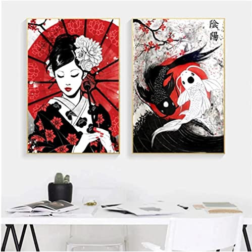 HMXQLW Leinwandbilder Japanische Fische Geisha und Yin-Yang Bilder Set Leinwand Malerei Moderne Wandkunst Bilder Wohnzimmer Dekor Kein Rahmen 3er (40X60CM)