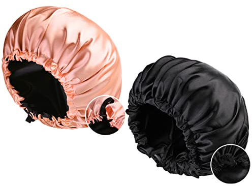 2 Pcs Satin Sleep Cap for Women Long Hair Silky Bonnet for Curly Hair bonnet for Sleeping Extra Large Double Layer Adjustable Satin Bonnet for Women