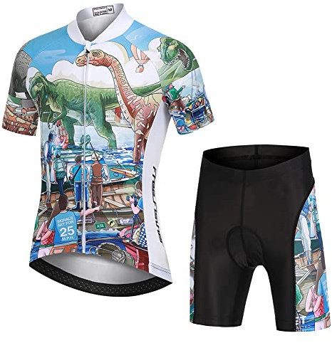 Amur Leopard Kinder Fahrrad Trikot Set Jungen Mädchen (Kurzarm Trikot & Kurz Radhose mit 3D Sitzpolster) Atmungsaktiv Radsport Bekleidung, Dinosaurier, 104-110(Herstellergröße: S)