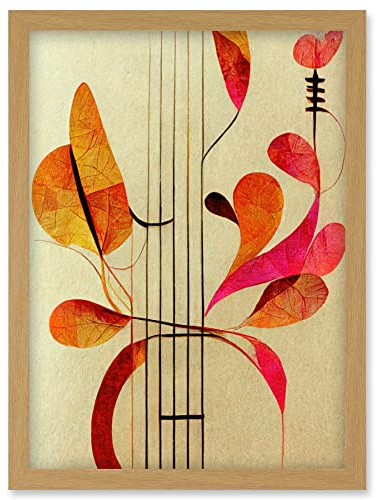 Wee Blue Coo Abstract Autumnal Boho Leaves and Musical Music Staff Lines Cream Pink Copper Yellow Artwork Framed Wall Art Print A4