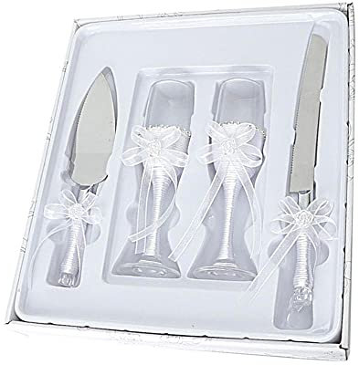 Lot de 4 flûtes à griller et pelle à gâteau pour mariage - 2 flûtes à champagne - 1 pelle à tarte et 1 couteau à découper - Cadeaux de mariés (D)