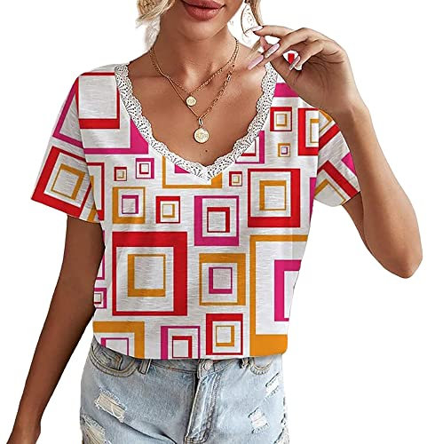 KCatsy Women Retro Geometry Graffiti Square Multi-Color Colorful Color Block Print Pattern Graphic Tee Lace V-Neck T-Shirt Short Sleeve Loose Vintange Summer Top Shirt E Block Orange 2XL 16