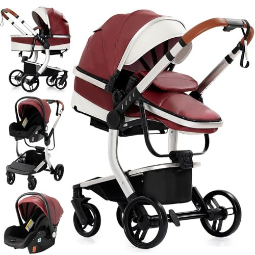 MoLi PU-Leder Kinderwagen 3 in 1, Kinderwagen mit Umkehrbarem Doppelschiebemodus, Buggy Großer Bequemer Babywanne, Kombikinderwagen 3 in 1 Rahmen Aluminiumlegierung Faltbar Hohe Landschaft (518 Red)