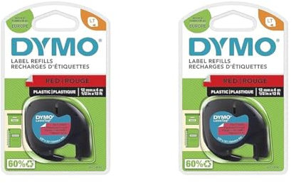 DYMO Original LetraTag Etikettenband | schwarz auf rot | 12 mm x 4 m | selbstklebendes Kunststoffetiketten | für LetraTag-Beschriftungsgerät (Packung mit 2)