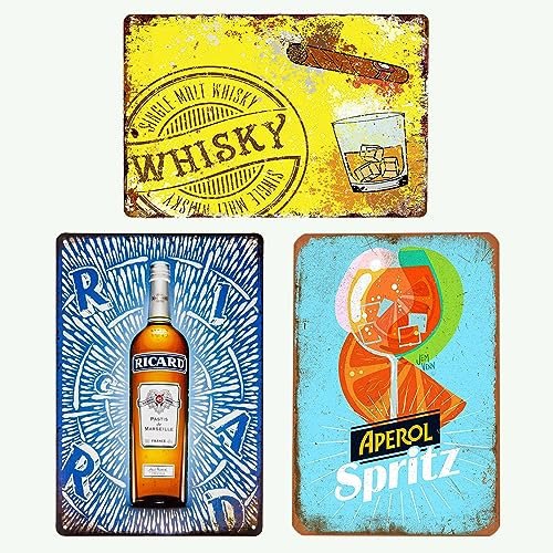XIAOMA Lot de 3 Plaque Metal Vintage Whisky - Affiche Cocktail Emaillee Rétro Poster Décorative Métallique Panneau pour Bar,Pub,Restaurant, Club,Fête et Cave,Cuisine,Bodega 20x30cm