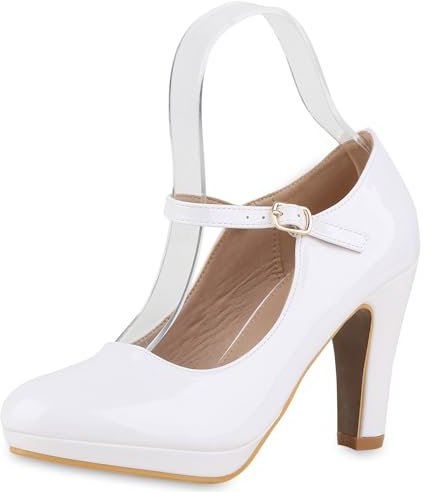 VAN HILL Damen Mary Janes Trichterabsatz Lack Klassisch Schuhe 213595 Weiss Lack 39