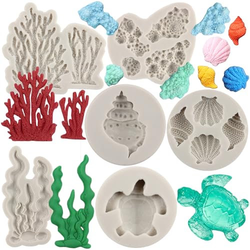 MYPRACS Set di 6 stampi in silicone a tema marino, tartaruga marina, conchiglie, alghe marine, corallo, per decorare torte, cupcake, cioccolato, caramelle, pasta di gomma, pasta polimerica