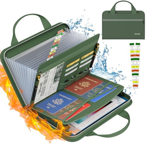 Tamfile Fireproof Accordion File Organizer with Handle, 13 Pocket Expanding File Folder with Zipper & Labels, File Folder with Multi-Pockets Paper Organizer Folder for Letter A4 Files, Green
