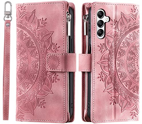 VEEMOS Wallet Case for Samsung Galaxy A15 5G/4G Flower Flip Case Protective Leather Folio Book Phone Cover with Card Slots Kickstand Zipper Pocket - Pink