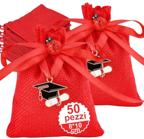 Sonekin 50pz Bomboniere Laurea, Rosso Sacchetti Laurea, Bomboniere Laurea Fai da Te, Bomboniera Laurea per Cerimonia di Laurea Festa di Laurea(Stile A-50pz)
