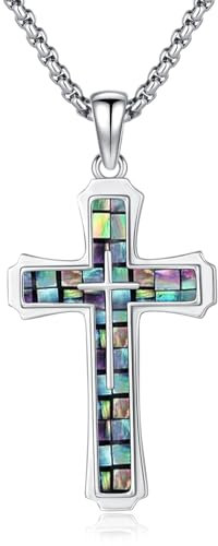 TRISHULA Kreuz Kette Abalone Muschel Kette für Frauen Männer 925 Sterling Silber Mosaik Abalone Muschel Kreuz Anhänger Halskette Christliche Halskette Kreuz Schmuck Geschenke für Amulett Talisman