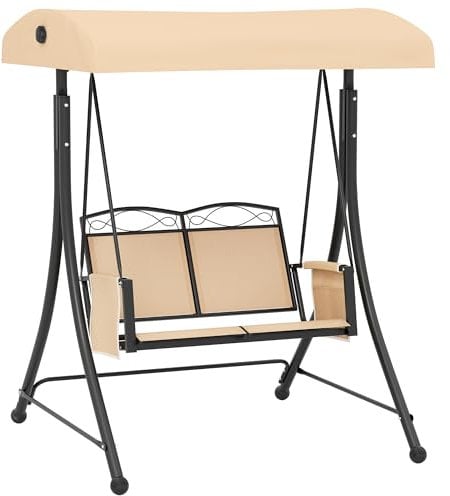 Outsunny Dondolo da Giardino 2 Posti con Tettuccio Parasole Regolabile, Dondolo con Tasche Laterali, Acciaio e Tessuto a Rete, Beige