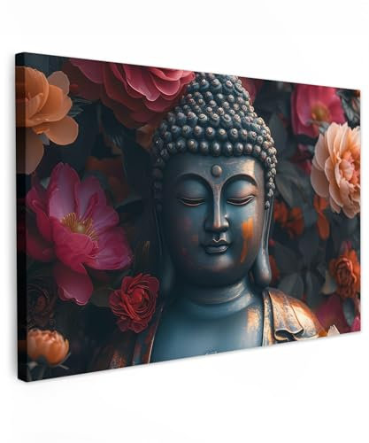 MuchoWow© Wandbilder Groß 120x80 cm XXL Schlafzimmer Home Deko Wohnung Bild Wohnzimmer Fotoleinwand Wand Bilder Leinwand Wall Decor Buddha - Blumen - Statue - Kunst