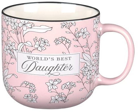 Christian Art Gifts Large Dishwasher/Microwave Safe Ceramic Coffee & Tea Mug for Daughters: World's Best Daughter Encouraging Bible Verse, Non-toxic Lead-Free Cup for Women, Pink/White Floral, 14 oz.
