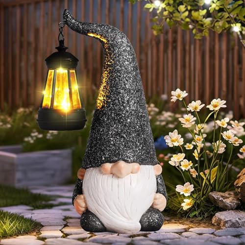 JJALIGHTS Solar Gartenzwerg mit Laterne – Zwerg Gartendeko Figuren Wetterfest Solar Zwerg Gartenstatuen für Draußen Balkon Terrassen Geschenke für Frauen Männer Mama Geburtstag 27CM