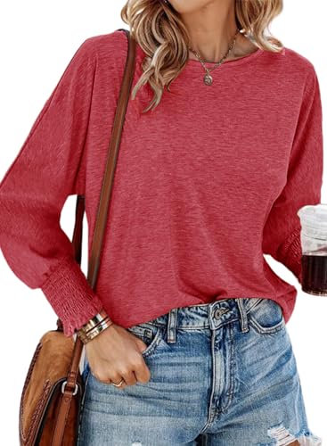 DUOEASE Blusas de Mujer Elegantes Clásico Manga Fruncida Larga Cuello de Barco Color Sólido Camiseta Mujer-Verde Claro-XL