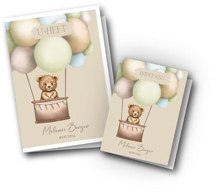 U-Heft- und Impfpass Hüllen Set personalisiert, Untersuchungsheft mit Name und Geburtsdatum, viele Tiermotive, Geschenk zur Geburt, Taufe, Schutz UHeft und Impfpass (Bär)