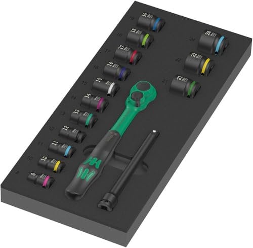 Wera 9724 Depósito de espuma juego de carraca 8010 B Zyklop Comfort Set 1, 3/8, 16 piezas