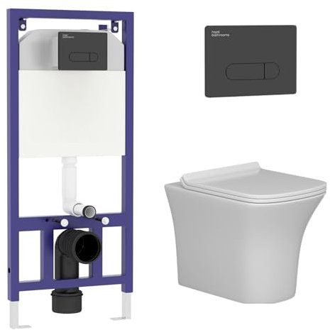 Wall Hung Toilet Pan Dual Concealed Cistern Frame Soft Close Seat & Black Flush Plate Rimless Toilet