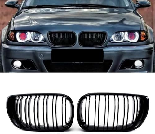 Gangying E46 Rejilla de riñón Delantero para BMW Serie 3 E46 Sedán 4D Parrillas LCI Facelift Negro Brillante Listón Doble E46 3 Series 4 Puertas 2002-2005