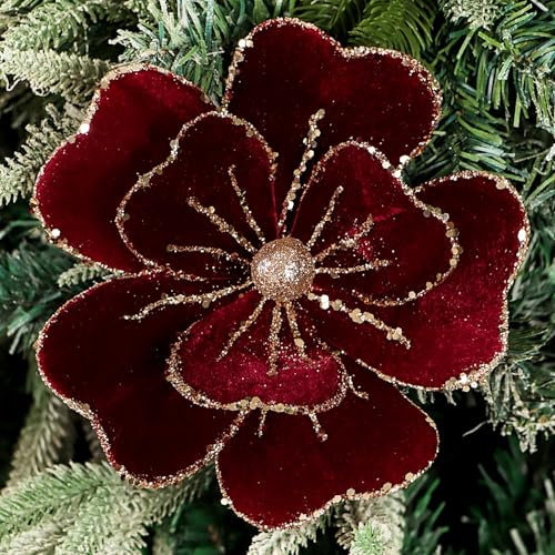 KKSTY 4Pcs Velvet Poinsettia Stems with Glitter Edge, Artificial Christmas Flower Picks for Christmas Tree Decoration Vase Filler Wreath Garland Crafts Holiday Wedding Home Décor (Wine Red)