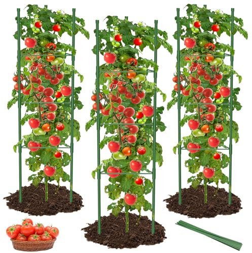 MYMULIKE Tomatenkäfige für den Garten, 130 cm, verstellbare Tomaten-Pflanzenpfähle, Stützkäfige, Rankgitter für Gemüse, Blumen, Obst, Kletterpflanzen, 20 Bindedrähte im Lieferumfang enthalten, 3