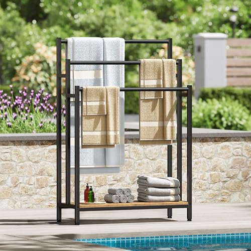 Creso hom Extra großer freistehender Handtuchständer, 3-stöckig, Deckenleiterhalter, Outdoor-Badetuch-Trockenständer mit Ablage, rustikales Braun