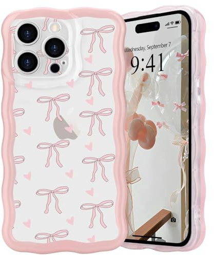 L-FADNUT for iPhone 15 Pro Case Cute Bow Wave Frame Clear, Small Heart | Curly Wavy Frame Girly Bow Ribbon Pretty Phone Case, Soft Wave Slim Silicone Shockproof Anti-scratch Cover for Women Girls