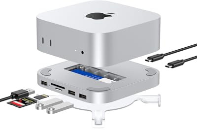 Gewokliy Mac Mini M4 Dock, Aluminum Mac Mini Hub and Stand for Mac Mini M4 and M4 Pro 2024 with M.2 NVMe SSD Enclosure, Dual USB-A 10Gbps, SD/TF Card Reaaders, USB 2.0 │Mac Mini Accessories